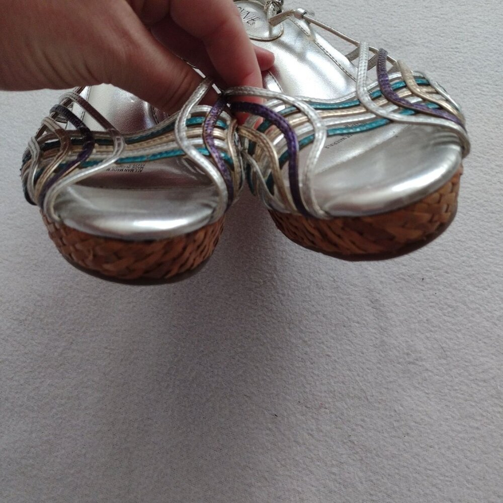 Connie Metallic Strappy Slingback Wedge 8.5 M Silver Straw Sandals - Picture 9 of 11